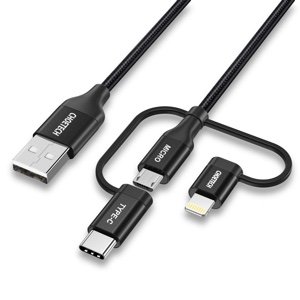 Choetech Multi USB Cable, 3 In 1 Braided Cable With Lightning / Type C / Micro USB Connector 1.2m [MFi Certified] Charge & Sync Cable - Black -IP0030