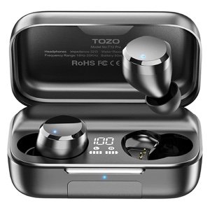 TOZO T12 Pro Wireless Bluetooth Earbud Qualcomm QCC3040 4 Mics CVC 8 Call Noise Cancelling, aptX Stereo,2500mAh Wireless Charging Case IPX8 Waterproof - Black