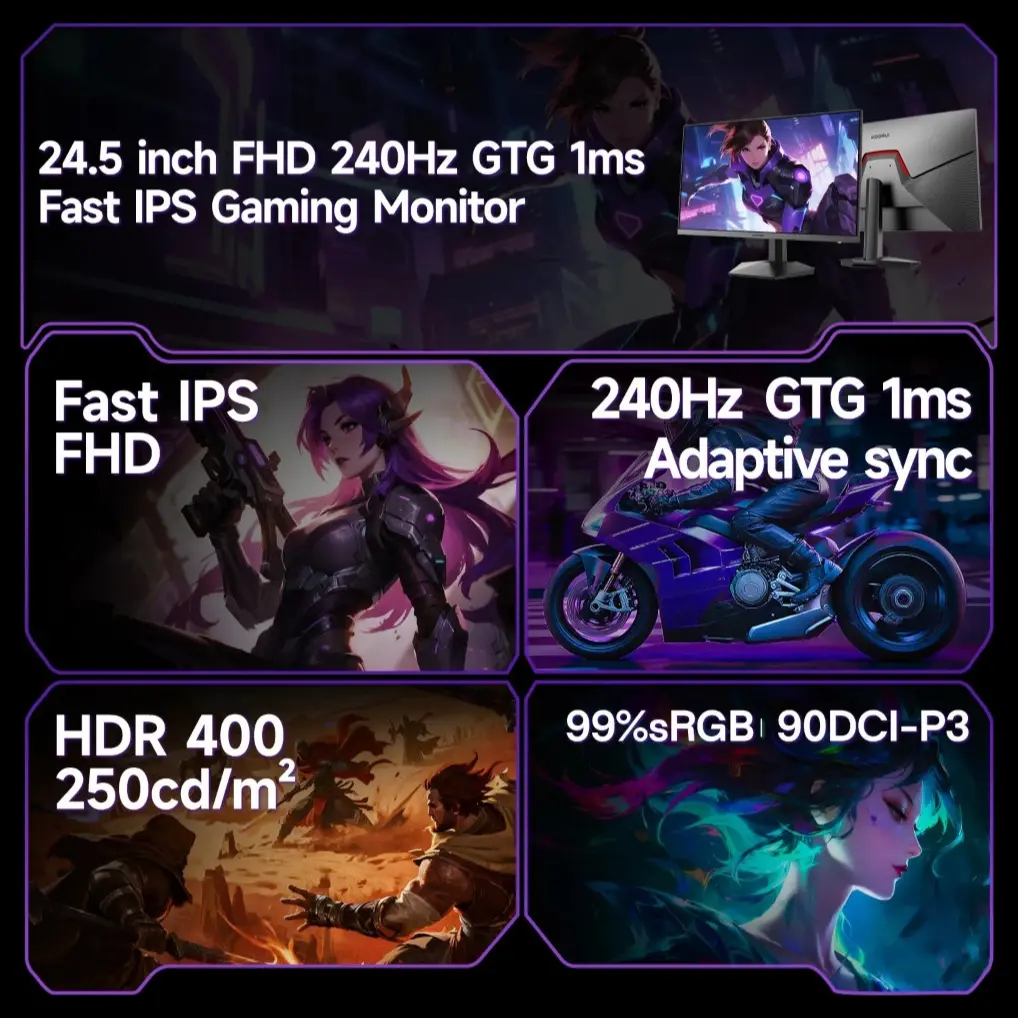 Technical SpecificationsFeatureSpecificationPanel Size24.5-inchPanel TypeIPSResolutionFull HD (1920 x 1080)Refresh Rate240HzResponse Time1msSyncAdaptive SyncDesign3-Sided Frameless / VESA MountableInputsDisplayPort, HDMI - Image 4