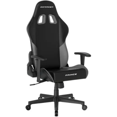 DXRacer Prince Series Gaming Chair, Racing Style, Cooling Gel Headrest, Lumbar Support, 2D Armrest, 90-135 Degree Recline, PVC Leather, Black Grey