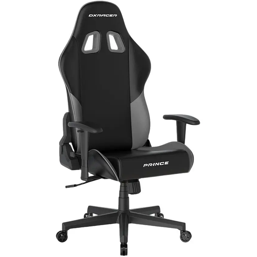 DXRacer Prince Series Gaming Chair, Racing Style, Cooling Gel Headrest, Lumbar Support, 2D Armrest, 90-135 Degree Recline, PVC Leather, Black Grey