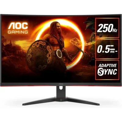 AOC C32G2ZE2 31.5" 250Hz Curved Gaming Monitor, VA Panel, 0.5ms, HDR10, Adaptive Sync, FHD, Black and Red